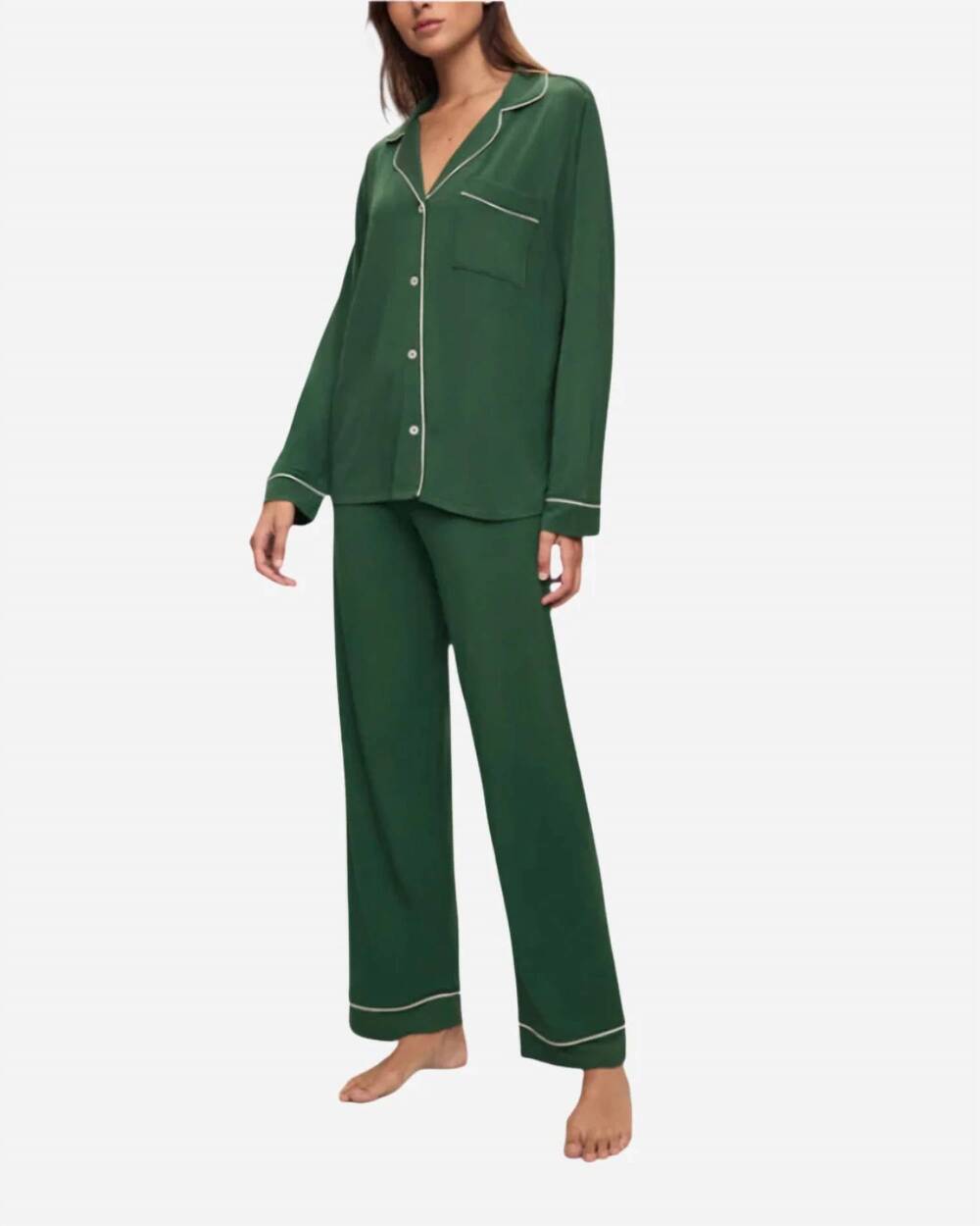 NEW EBERJEY gisele tencel modal long pajama set in forest green / ivory
